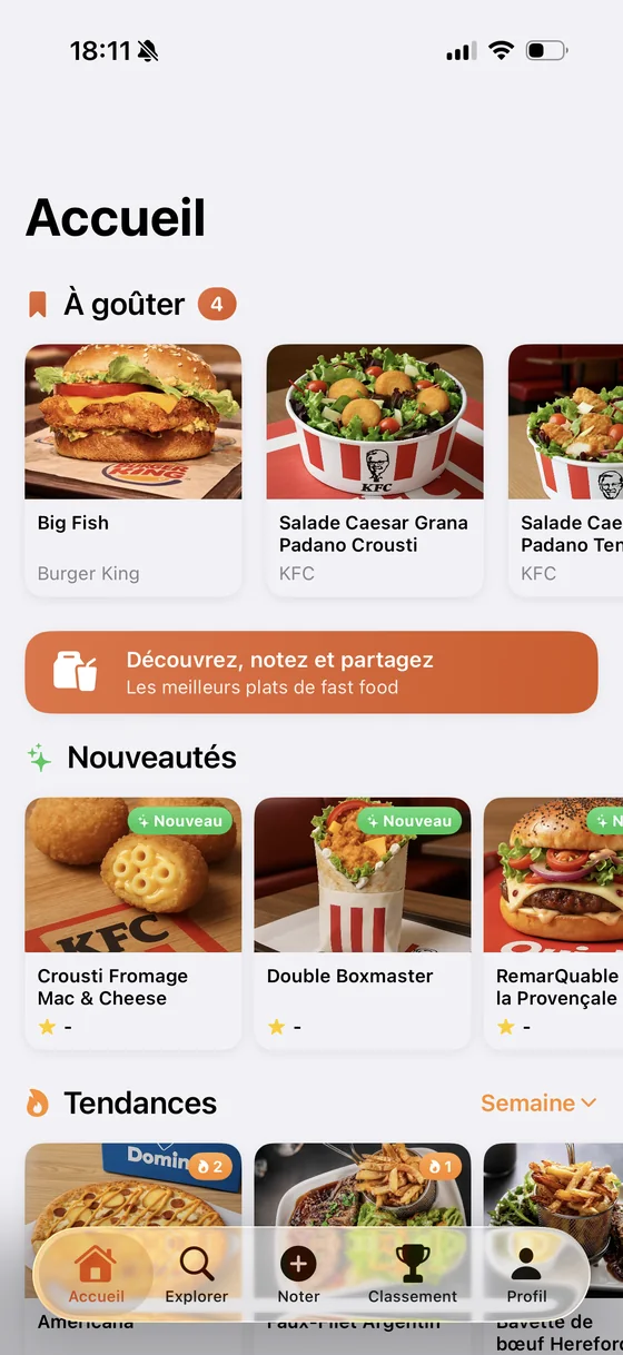 Accueil iOS Chowple avec plats à goûter, nouveautés et tendances