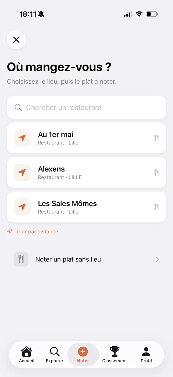 Parcours iOS Chowple pour choisir un restaurant avant de noter un plat