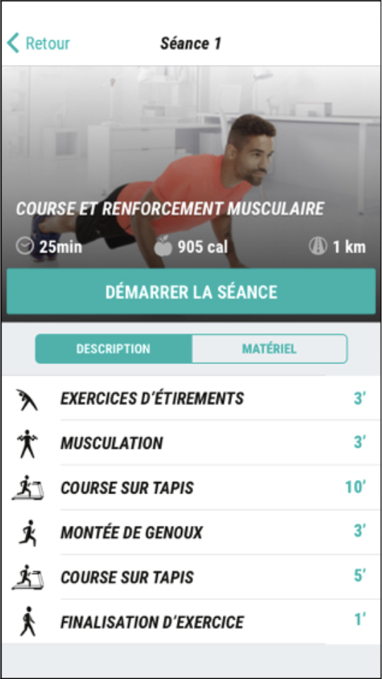 Capture de Domyos Coach avec séance de course sur tapis et exercices