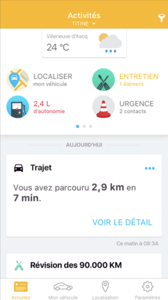 Capture de Midas Connect avec suivi de trajet, autonomie et entretien du véhicule