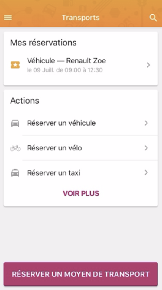 Capture de Mobivia avec réservation de véhicule, vélo et taxi