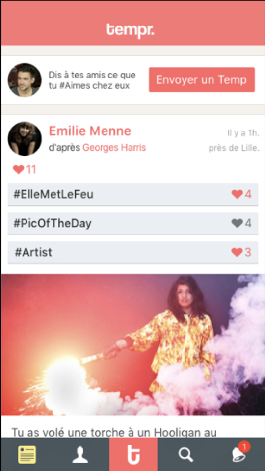 Capture de Tempr avec fil social positif, hashtags et interactions